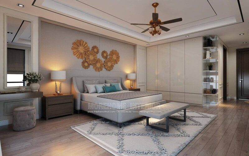 Làm cho phòng ngủ của bạn trở nên hiện đại bằng cách trang trí nội thất bằng gỗ và một chiếc giường ngủ có chân bọc vải cao cấp.